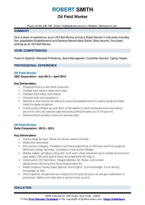 Oil Field Worker Resume Samples Qwikresume