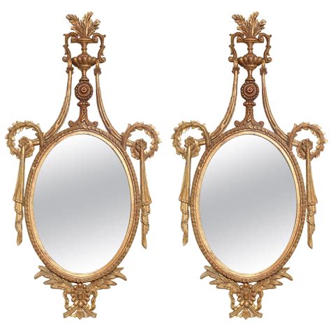 Pair Of Vintage Italian Midcentury Tall Giltwood Oval Mirrors With