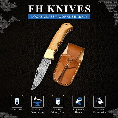 6.5′ Handmade Damascus Steel Pocket Knife with Leather Sheath – FH Knives