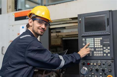 Ingeniero masculino operando máquina cnc en panel de control en fábrica