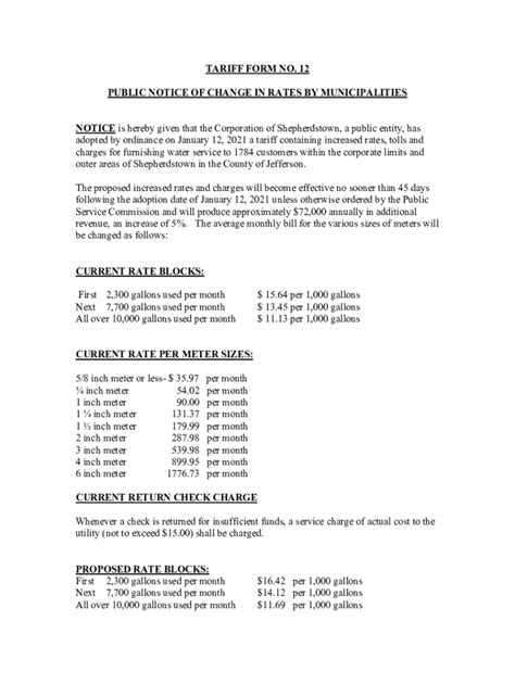 Fillable Online TARIFF FORM NO 12 PUBLIC NOTICE OF CHANGE IN RATES BY