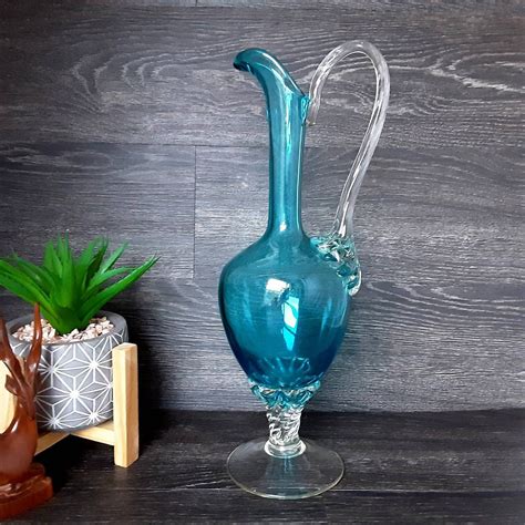 Vintage Empoli Blue Hand Blown Pitcher Retro Teal Glass Etsy Empoli