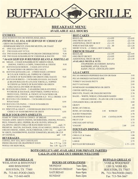 The Buffalo Grille Menu In Houston Texas USA