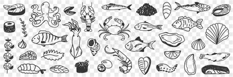 Seafood And Fish Doodle Set Stock Vector Illustration Of Crab Vector