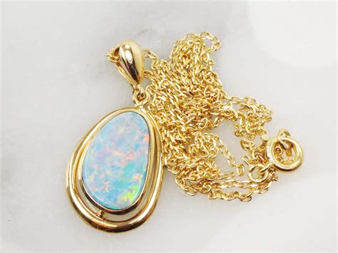 Vintage 14k Opal Necklace Yellow Gold Opal Doublet Necklace Etsy Opal Necklace Gold Drop