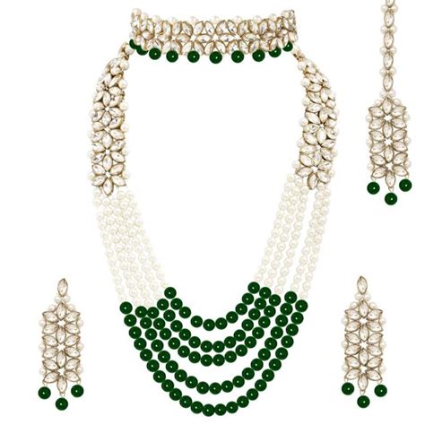 Peora Gold Plated Green Colour Kundan Bridal Traditional Jewellery Set