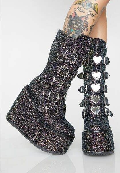 Demonia Swing Black Glitter Heart Buckle Knee High Boots Women Of Edm