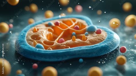 3D diagram of an animal cell with labeled organelles, suspended on a ...