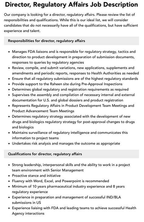 Director Regulatory Affairs Job Description Velvet Jobs