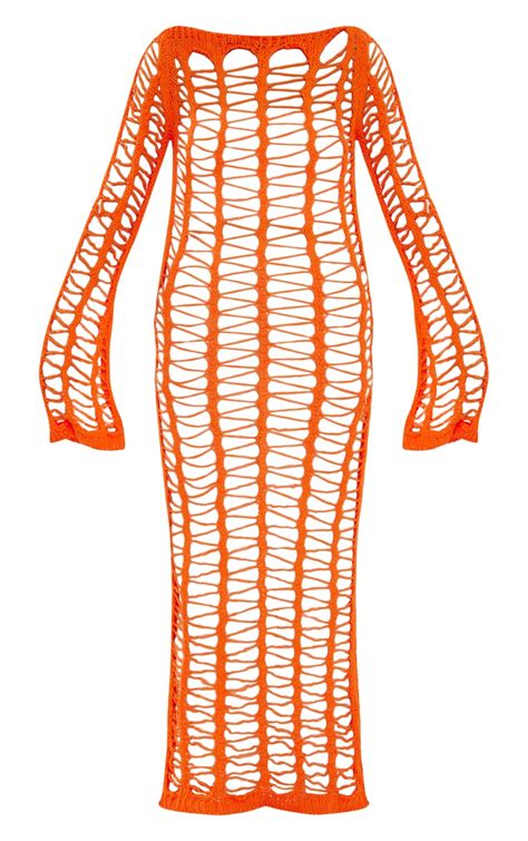 Orange Extreme Open Crochet Long Sleeve Maxi Dress Prettylittlething