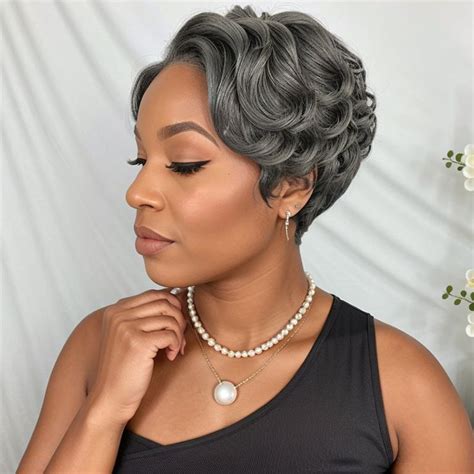 Salt And Pepper Short Pixie Cut Glueless 5x5 Closure Lace Side Part Bob