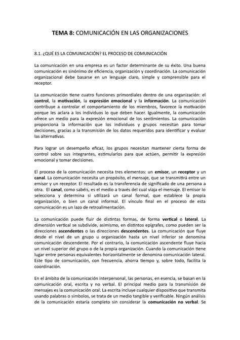 TEMA 8 Comportamiento organizativo TEMA 8 COMUNICACIÓN EN LAS