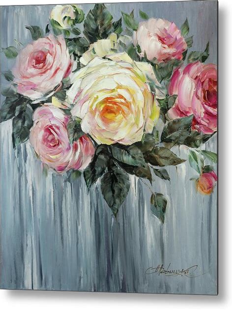 Abstract Roses Modern Floral Oil Painting on Canvas, Gray Bedroom Decor for Walls, Pink Flowers ...