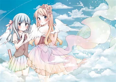 2girls Angel Blonde Hair Blue Eyes Blue Hair Blush Clouds Dress Flowers Gray Eyes Headdress Long