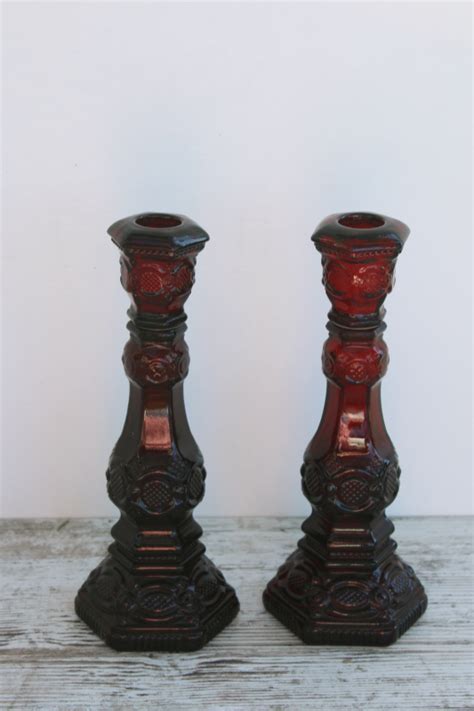 Vintage Avon Bottles Empty Cape Cod Ruby Red Glass Candlesticks Tall