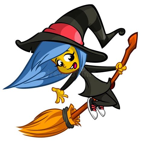 Halloween Cute Witch Flying On Her Broom Vector Cartoon Illustration