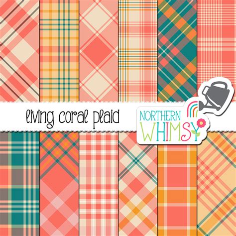 Coral Teal And Gold Plaid Digital Paper Northern Whimsy Design