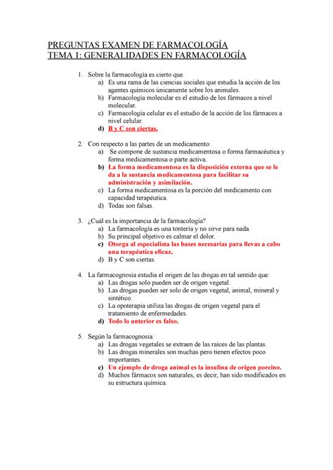 Preguntas PREGUNTAS EXAMEN DE FARMACOLOGÍA TEMA 1 GENERALIDADES EN