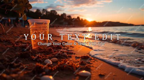 Premium PSD | Plastic glass on the beach at sunset pollution concept