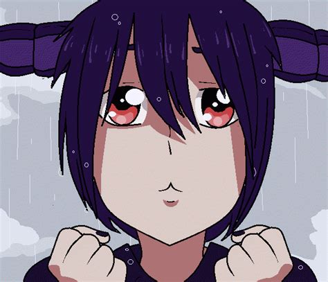 An Anime Character With Purple Hair And Red Eyes Wearing A Black Shirt In The Rain