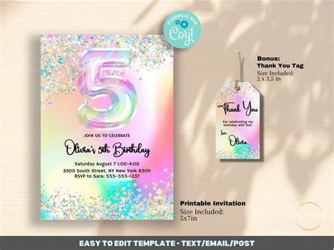 Editable 5th Birthday Invitation Template Printable Glitter Iridescent Invitation Holographic