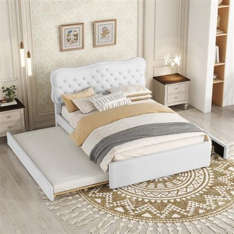 Harper And Bright Designs Button Tufted White Wood Frame Full Size Linen Upholstered Platform Bed