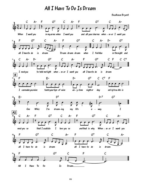 All I Have To Do Is Dream Lead Sheet With Lyrics Sheet Music For Piano Solo Easy