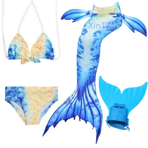 4pcs Set Blue Swimmable Mermaid Tail With Monofin Girl Swimwear Costume