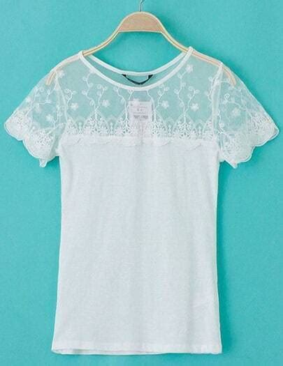 White Contrast Lace Short Sleeve Floral Crochet T Shirt Shein Sheinside