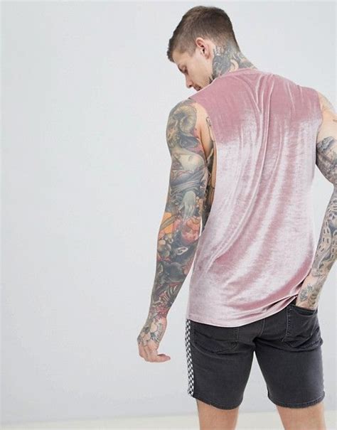 Asos Design Longline Sleeveless T Shirt In Velour In Pink Asos