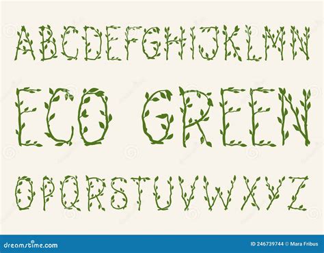 Full Alphabet Made Of Tree Branches With Leaves Stock Vector