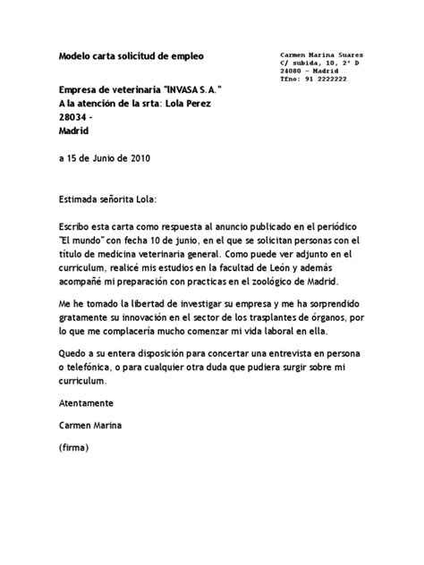 Modelo Carta Solicitud De Empleo