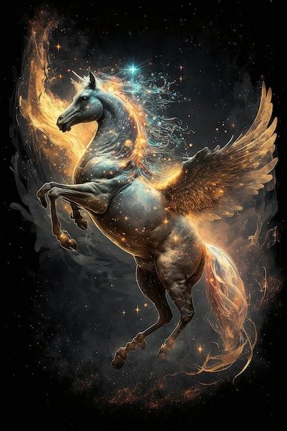 Premium Photo | Pegasus in the galaxy with golden light particles and ...