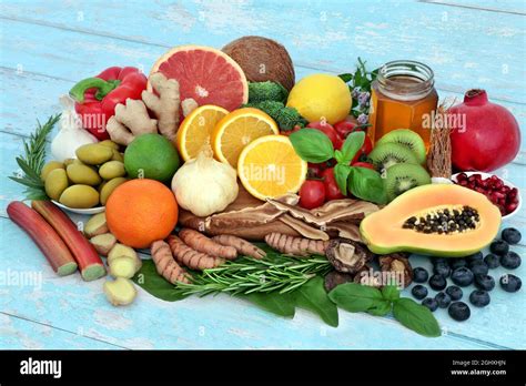 Health Food For Immune System Support With Vegetables Fruit Honey