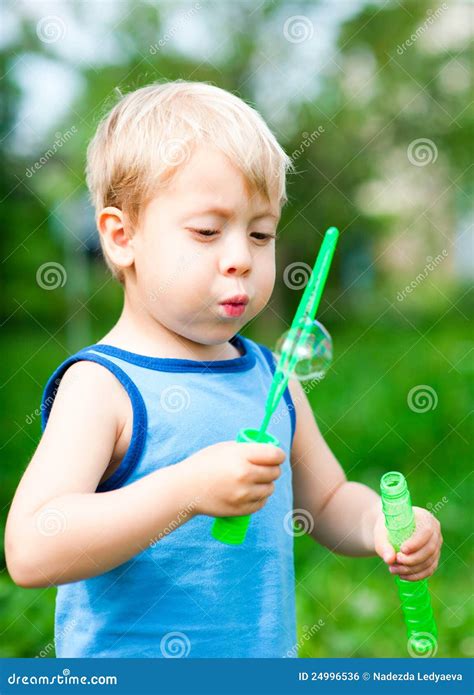 Boy Inflates Bubbles Stock Photo Image Of Little Summer 24996536