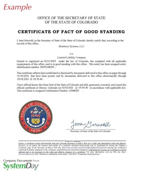 Colorado Secretary Of State Certificate Of Good Standing LLC Bible