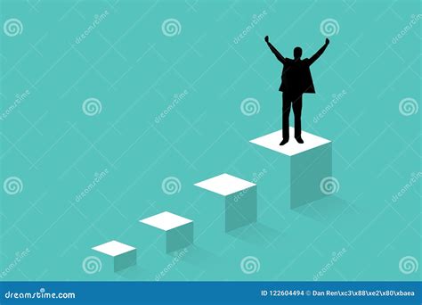 Successful Man On Top Of Steps Celebrating With Arms Up Concept Of