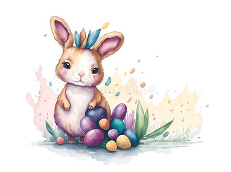 Watercolor Spring Illustrated Postcard Of Cute Rabbit With Easter Eggs