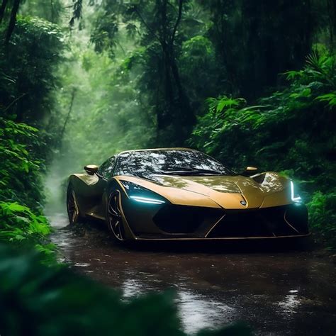 Premium AI Image | Super Car in Rainy Jungle Roads Nature Background