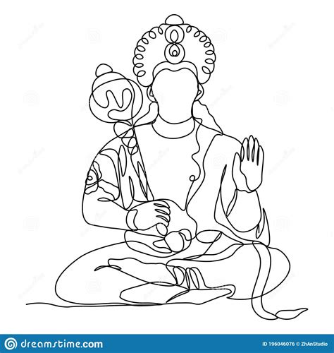 Continuous Line Drawing Hanuman Silhouette God Stock Vector