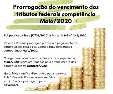 Prorrogação do vencimento dos tributos federais competência Maio 2020