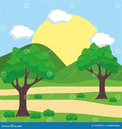 Landscape Tree Sun Sky Path Design Stock Illustration - Illustration of ...