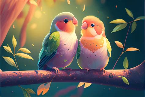 Two Colorful Birds Sitting On A Branch Of A Tree Together Stock