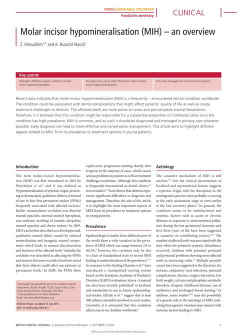 Pdf Molar Incisor Hypomineralisation Mih An Overview