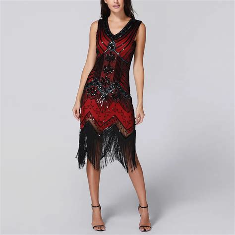 Women Dress V Neck Tassel Sequin Art Nouveau Embellished Fringed