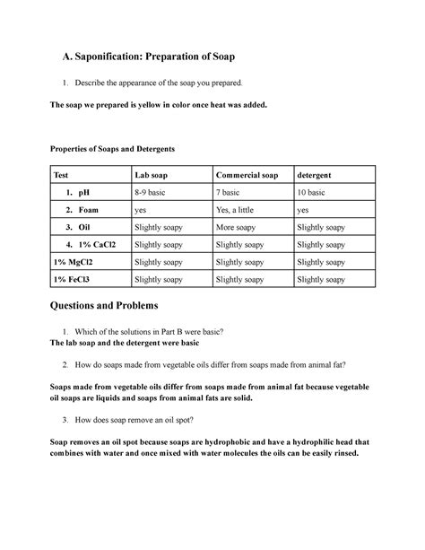 Saponification And Soaps Report Sheet A Saponification Preparation