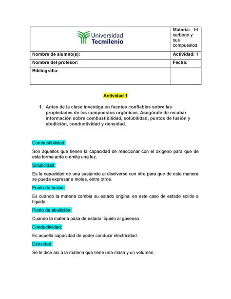 Actividad 1 Act 1 Materia El Carbono Y Sus Compuestos Nombre De