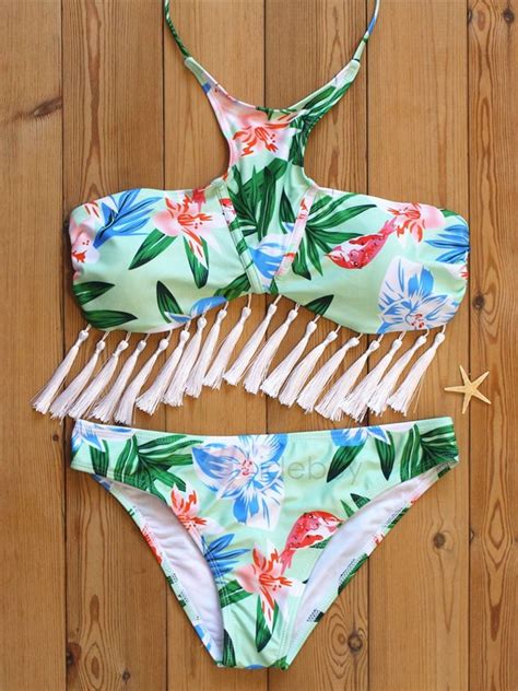 Floral Tassel Halter Bikini Set High Neck Bikinis Bikinis Tassel