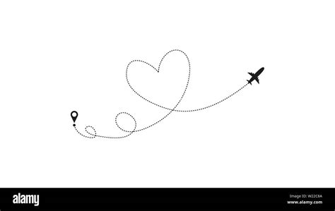 Love Airplane Route Heart Dashed Line Trace And Plane Routes Isolated