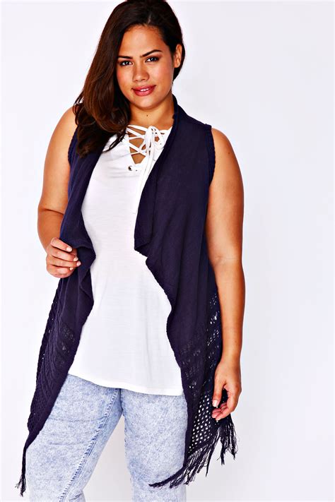 Navy Crochet Knit Sleeveless Cardigan With Tassel Hem Plus Size 1416